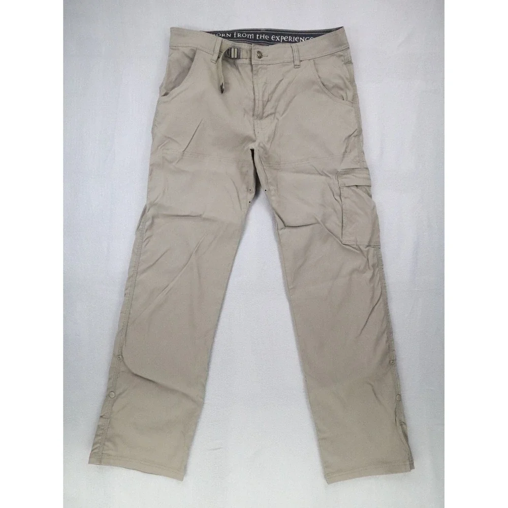 Prana Stretch Zion II Straight Pants Hiking Belt Roll Snap Up Medium 32L Beige‎